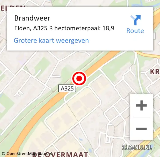 Locatie op kaart van de 112 melding: Brandweer Elden, A325 R hectometerpaal: 18,9 op 4 februari 2014 14:26