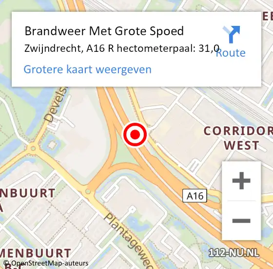Locatie op kaart van de 112 melding: Brandweer Met Grote Spoed Naar Zwijndrecht, A16 L hectometerpaal: 34,0 op 18 oktober 2017 14:21