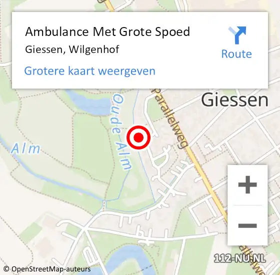 Locatie op kaart van de 112 melding: Ambulance Met Grote Spoed Naar Giessen, Wilgenhof op 21 oktober 2017 09:49