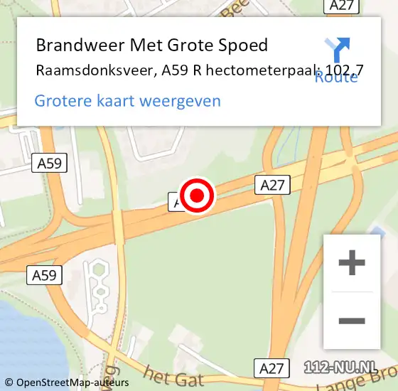 Locatie op kaart van de 112 melding: Brandweer Met Grote Spoed Naar Raamsdonksveer, A59 R hectometerpaal: 102,7 op 21 oktober 2017 19:48