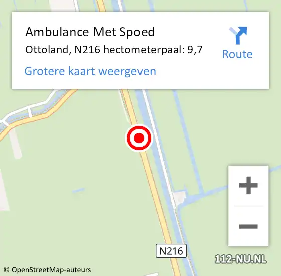 Locatie op kaart van de 112 melding: Ambulance Met Spoed Naar Ottoland, N216 hectometerpaal: 9,7 op 21 oktober 2017 21:37