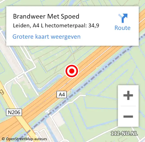Locatie op kaart van de 112 melding: Brandweer Met Spoed Naar Leiden, A4 L hectometerpaal: 34,9 op 22 oktober 2017 01:30