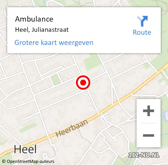 Locatie op kaart van de 112 melding: Ambulance Heel, Julianastraat op 22 oktober 2017 03:09