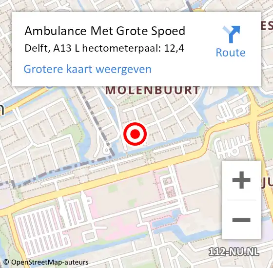 Locatie op kaart van de 112 melding: Ambulance Met Grote Spoed Naar Delft, A13 L hectometerpaal: 12,4 op 22 oktober 2017 04:42