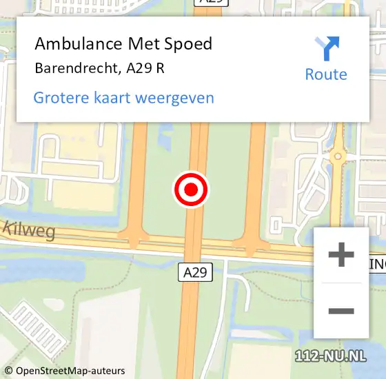 Locatie op kaart van de 112 melding: Ambulance Met Spoed Naar Barendrecht, A29 R op 22 oktober 2017 14:45