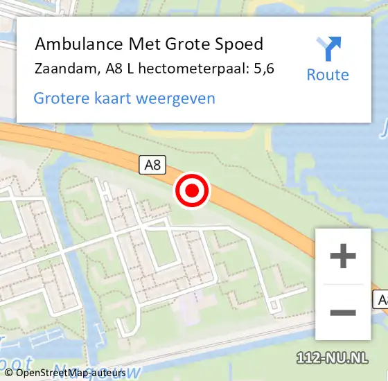 Locatie op kaart van de 112 melding: Ambulance Met Grote Spoed Naar Zaandam, A8 L hectometerpaal: 5,6 op 22 oktober 2017 16:33