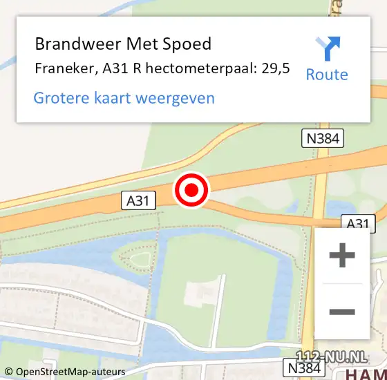 Locatie op kaart van de 112 melding: Brandweer Met Spoed Naar Franeker, A31 R hectometerpaal: 29,5 op 22 oktober 2017 19:46