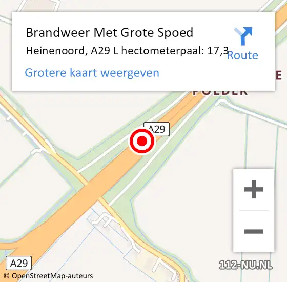 Locatie op kaart van de 112 melding: Brandweer Met Grote Spoed Naar Heinenoord, A29 L hectometerpaal: 17,3 op 22 oktober 2017 20:47