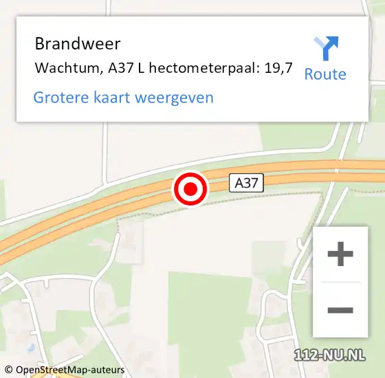 Locatie op kaart van de 112 melding: Brandweer Wachtum, A37 L hectometerpaal: 19,7 op 22 oktober 2017 21:54