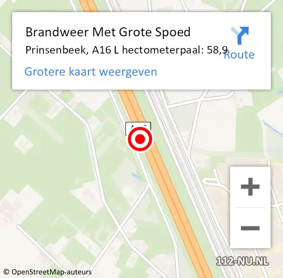 Locatie op kaart van de 112 melding: Brandweer Met Grote Spoed Naar Prinsenbeek, A16 L hectometerpaal: 57,0 op 22 oktober 2017 22:22