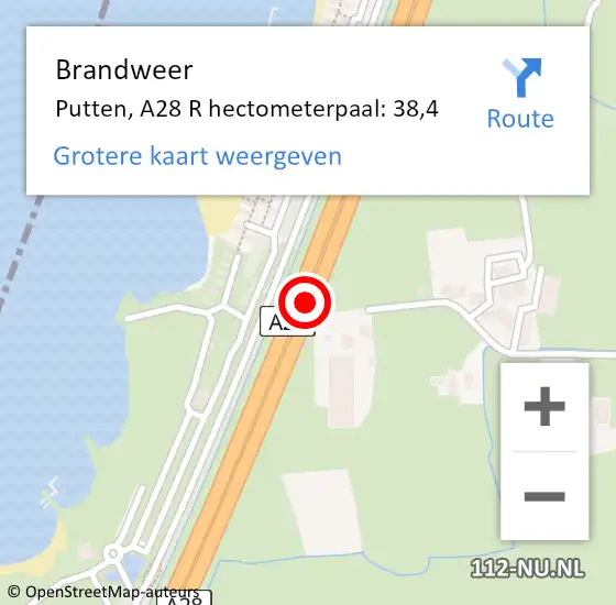 Locatie op kaart van de 112 melding: Brandweer Putten, A28 R hectometerpaal: 38,4 op 22 oktober 2017 22:50