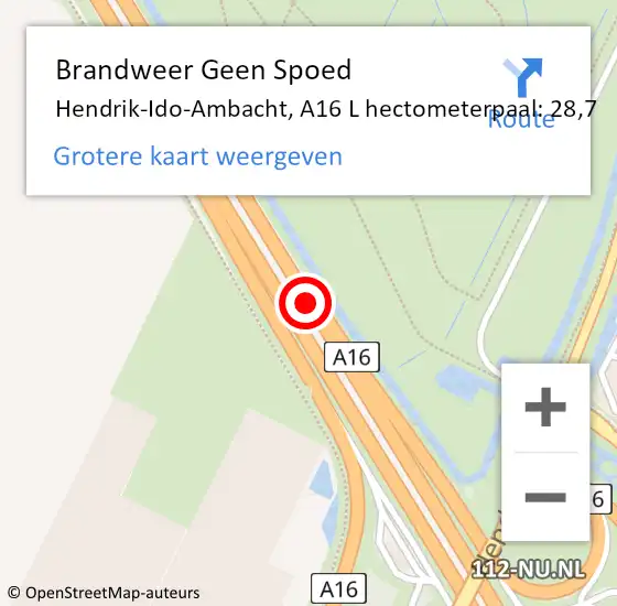 Locatie op kaart van de 112 melding: Brandweer Geen Spoed Naar Hendrik-Ido-Ambacht, A16 L hectometerpaal: 28,7 op 24 oktober 2017 07:30