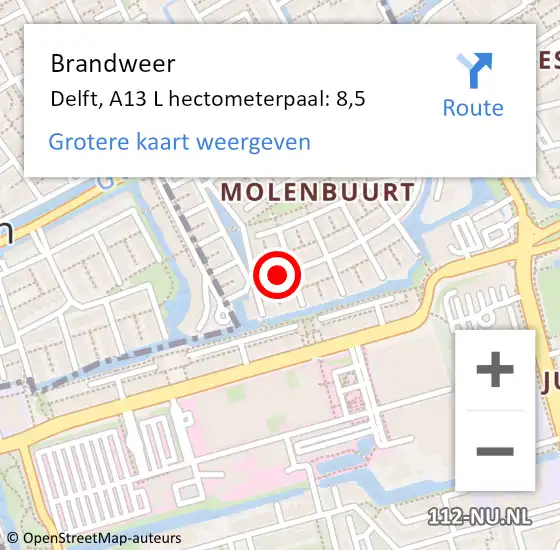 Locatie op kaart van de 112 melding: Brandweer Delft, A13 L hectometerpaal: 8,5 op 24 oktober 2017 08:04
