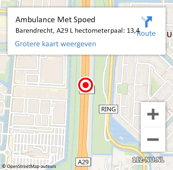 Locatie op kaart van de 112 melding: Ambulance Met Spoed Naar Barendrecht, A29 R hectometerpaal: 10,7 op 25 oktober 2017 09:30