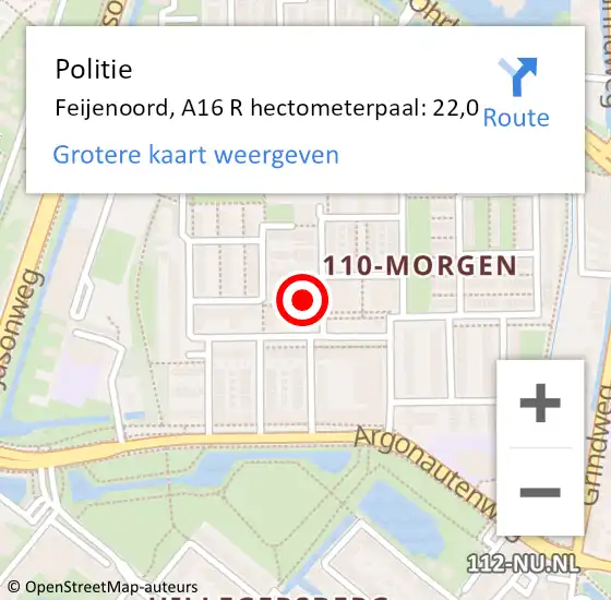 Locatie op kaart van de 112 melding: Politie Feijenoord, A16 R hectometerpaal: 22,0 op 25 oktober 2017 18:49
