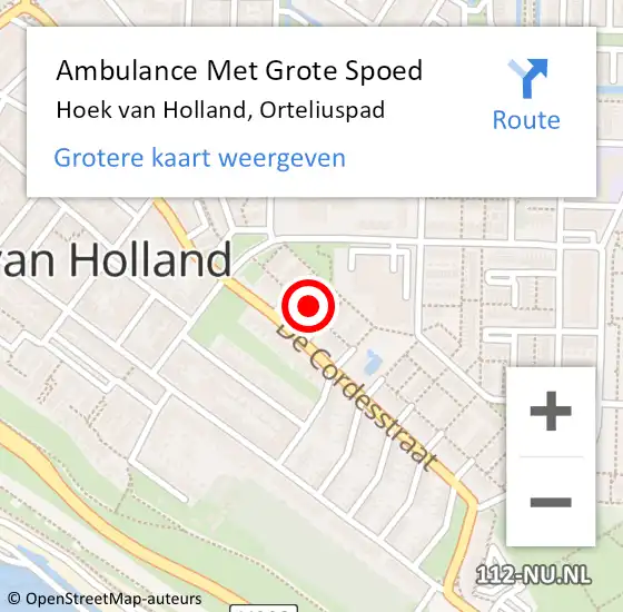 Locatie op kaart van de 112 melding: Ambulance Met Grote Spoed Naar Hoek van Holland, Orteliuspad op 26 oktober 2017 08:48