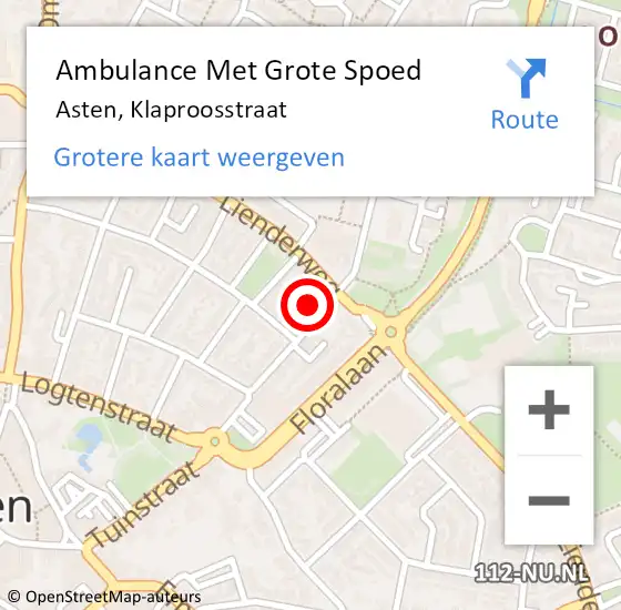 Locatie op kaart van de 112 melding: Ambulance Met Grote Spoed Naar Asten, Klaproosstraat op 26 oktober 2017 22:47