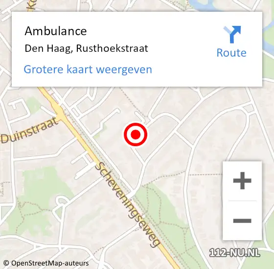 Locatie op kaart van de 112 melding: Ambulance Den Haag, Rusthoekstraat op 28 oktober 2017 08:44
