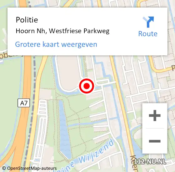 Locatie op kaart van de 112 melding: Politie Hoorn Nh, Westfriese Parkweg op 29 oktober 2017 14:51