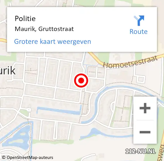 Locatie op kaart van de 112 melding: Politie Maurik, Gruttostraat op 30 oktober 2017 00:46