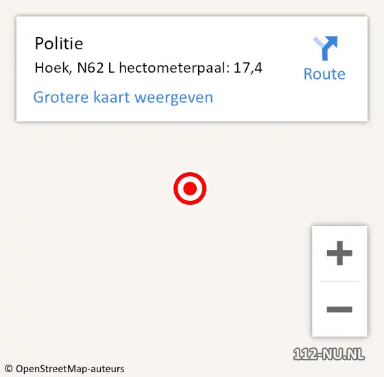 Locatie op kaart van de 112 melding: Politie Hoek, N62 L hectometerpaal: 17,4 op 30 oktober 2017 13:37