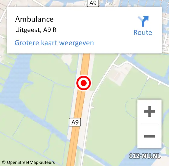 Locatie op kaart van de 112 melding: Ambulance Uitgeest, A9 R op 1 november 2017 08:04
