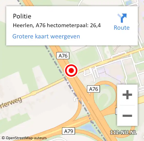 Locatie op kaart van de 112 melding: Politie Heerlen, A76 L hectometerpaal: 14,2 op 1 november 2017 13:19