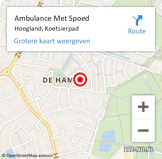 Locatie op kaart van de 112 melding: Ambulance Met Spoed Naar Hoogland, Koetsierpad op 2 november 2017 13:41