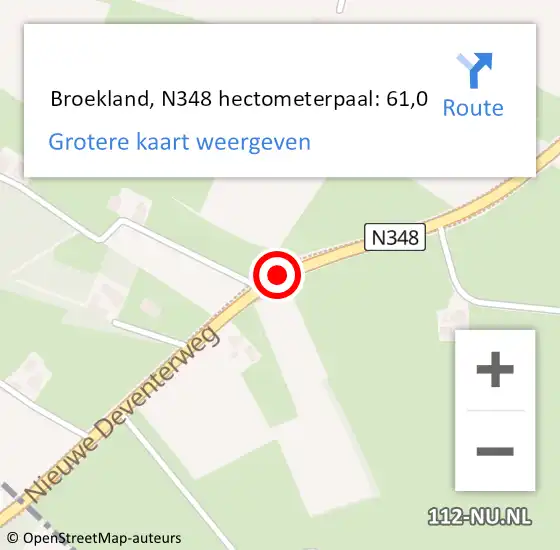 Locatie op kaart van de 112 melding:  Broekland, N348 hectometerpaal: 61,0 op 2 november 2017 17:40