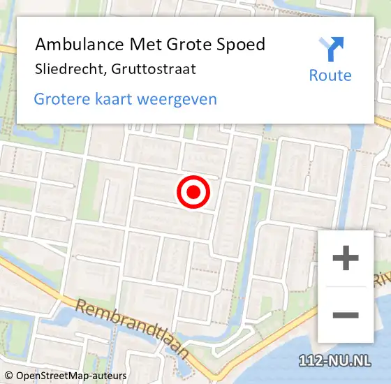 Locatie op kaart van de 112 melding: Ambulance Met Grote Spoed Naar Sliedrecht, Gruttostraat op 3 november 2017 09:35