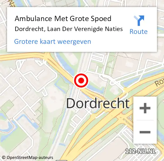 Locatie op kaart van de 112 melding: Ambulance Met Grote Spoed Naar Dordrecht, Laan D Verenigde Naties op 3 november 2017 20:42