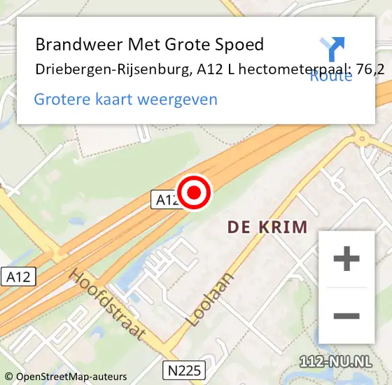 Locatie op kaart van de 112 melding: Brandweer Met Grote Spoed Naar Driebergen-Rijsenburg, A12 R hectometerpaal: 75,0 op 4 november 2017 12:00