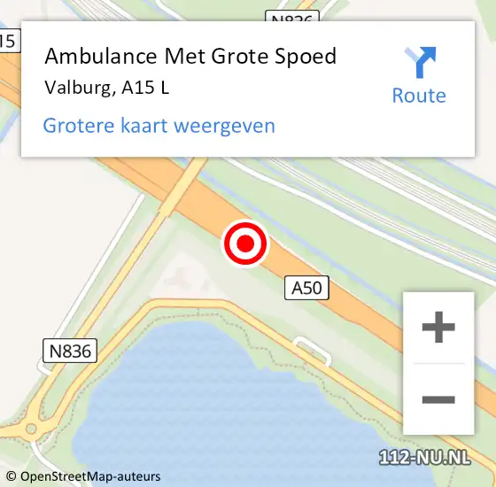 Locatie op kaart van de 112 melding: Ambulance Met Grote Spoed Naar Valburg, A15 L op 6 november 2017 08:52