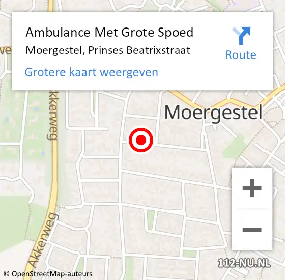 Locatie op kaart van de 112 melding: Ambulance Met Grote Spoed Naar Moergestel, Prinses Beatrixstraat op 6 november 2017 08:59