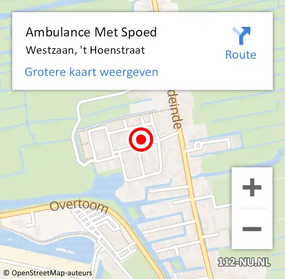 Locatie op kaart van de 112 melding: Ambulance Met Spoed Naar Westzaan, 't Hoenstraat op 7 november 2017 12:08