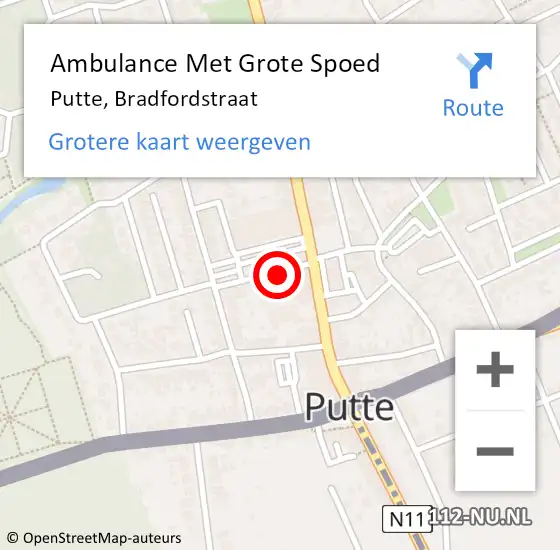 Locatie op kaart van de 112 melding: Ambulance Met Grote Spoed Naar Putte, Bradfordstraat op 8 november 2017 09:41