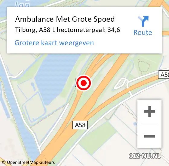 Locatie op kaart van de 112 melding: Ambulance Met Grote Spoed Naar Tilburg, A58 R hectometerpaal: 34,9 op 8 november 2017 18:15