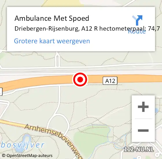 Locatie op kaart van de 112 melding: Ambulance Met Spoed Naar Driebergen-Rijsenburg, A12 R hectometerpaal: 74,4 op 8 november 2017 23:38