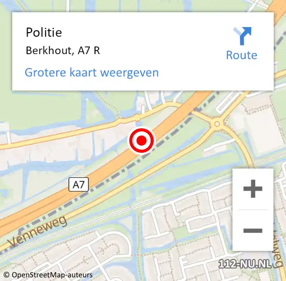Locatie op kaart van de 112 melding: Politie Berkhout, A7 R op 9 november 2017 11:59