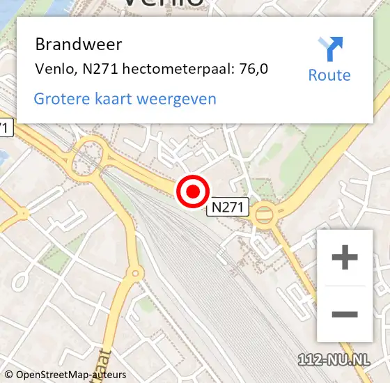 Locatie op kaart van de 112 melding: Brandweer Venlo, N271 hectometerpaal: 76,0 op 9 november 2017 16:39