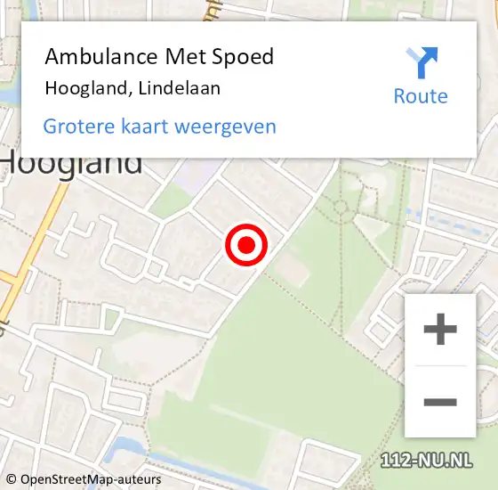 Locatie op kaart van de 112 melding: Ambulance Met Spoed Naar Hoogland, Lindelaan op 10 november 2017 09:06