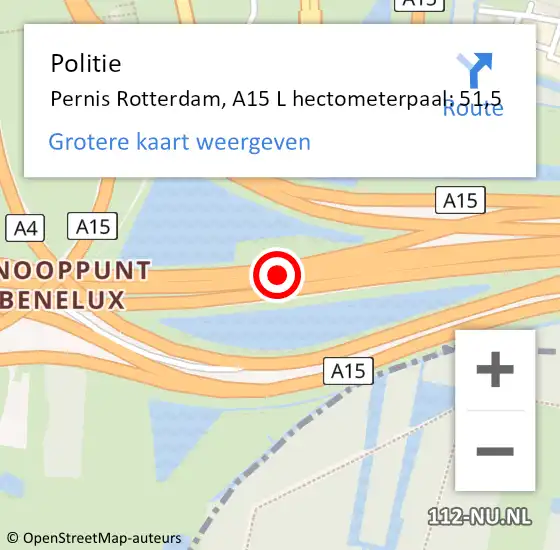 Locatie op kaart van de 112 melding: Politie Pernis, A15 L hectometerpaal: 51,7 op 10 november 2017 17:52