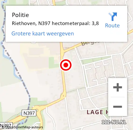 Locatie op kaart van de 112 melding: Politie Riethoven, N397 hectometerpaal: 3,8 op 11 november 2017 03:07