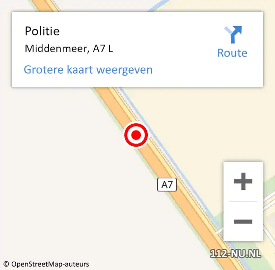 Locatie op kaart van de 112 melding: Politie Middenmeer, A7 L op 11 november 2017 20:48