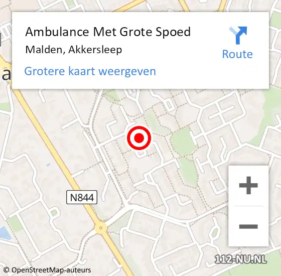 Locatie op kaart van de 112 melding: Ambulance Met Grote Spoed Naar Malden, Akkersleep op 6 februari 2014 19:06