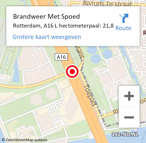 Locatie op kaart van de 112 melding: Brandweer Met Spoed Naar Rotterdam, A16 L hectometerpaal: 21,8 op 13 november 2017 07:28
