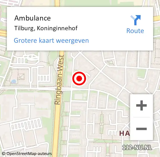 Locatie op kaart van de 112 melding: Ambulance Tilburg, Koninginnehof op 13 november 2017 15:03