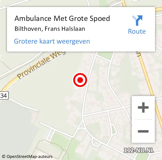 Locatie op kaart van de 112 melding: Ambulance Met Grote Spoed Naar Bilthoven, Frans Halslaan op 14 november 2017 00:51