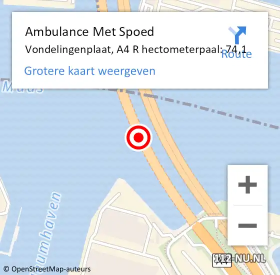 Locatie op kaart van de 112 melding: Ambulance Met Spoed Naar Vondelingenplaat, A4 L hectometerpaal: 74,9 op 14 november 2017 18:49