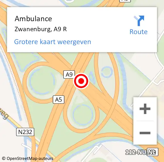 Locatie op kaart van de 112 melding: Ambulance Zwanenburg, A9 R op 14 november 2017 19:27